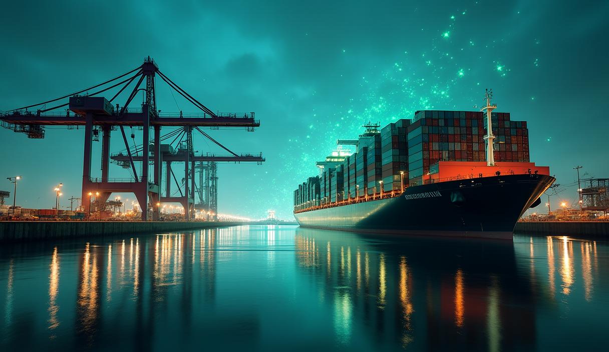 Modern logistics hub with freight trucks and tracking digital overlays