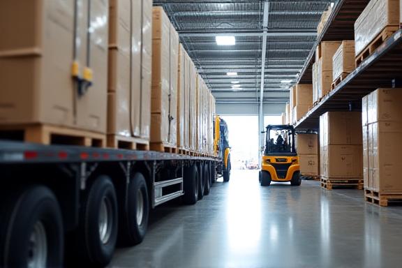 Warehouse staff loading freight truck