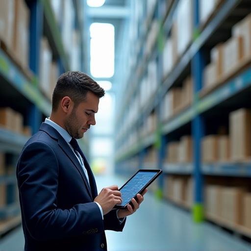 Logistics worker using digital inventory tracking tablet inside a large warehouse